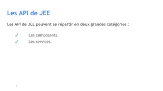 Les API de JEE
Les API de JEE peuvent se répartir en deux grandes catégories :
✓ Les composants.
✓ Les services.
 