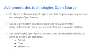 Avènement des technologies Open Source
✓ En dix ans le développement logiciel a évolué en grande partie grâce aux
technologies Open Sources.
✓ Celles ci permettent aux développeurs de ne pas réinventer
perpétuellement la roue et de se concentrer sur les aspects métiers.
✓ Les technologies Open Source rivalisent avec des standards officiels au
point de devenir des standards.
➔ Spring
➔ Struts
➔ Hibernate
 