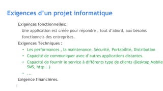 Exigences d’un projet informatique
Exigences fonctionnelles:
Une application est créée pour répondre , tout d’abord, aux besoins
fonctionnels des entreprises.
Exigences Techniques :
• Les performances , la maintenance, Sécurité, Portabilité, Distribution
• Capacité de communiquer avec d’autres applications distantes.
• Capacité de fournir le service à différents type de clients (Desktop,Mobile,
SMS, http...)
• ...
Exigence financières.
 