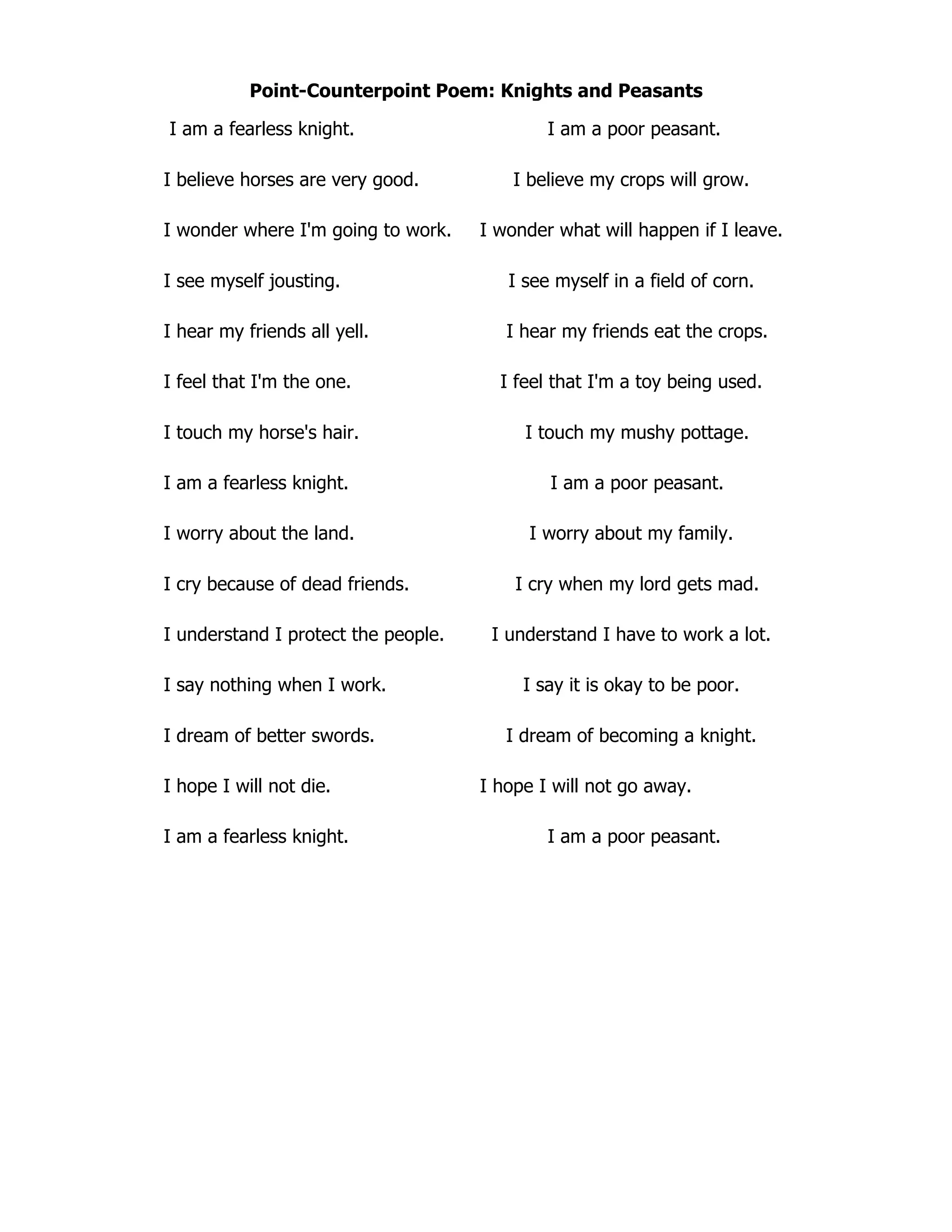 Point-Counterpoint Poem: Knights and Peasants

I am a fearless knight.                      I am a poor peasant.

I believe horses are very good.          I believe my crops will grow.

I wonder where I'm going to work.    I wonder what will happen if I leave.

I see myself jousting.                  I see myself in a field of corn.

I hear my friends all yell.             I hear my friends eat the crops.

I feel that I'm the one.               I feel that I'm a toy being used.

I touch my horse's hair.                  I touch my mushy pottage.

I am a fearless knight.                      I am a poor peasant.

I worry about the land.                    I worry about my family.

I cry because of dead friends.           I cry when my lord gets mad.

I understand I protect the people.    I understand I have to work a lot.

I say nothing when I work.                I say it is okay to be poor.

I dream of better swords.               I dream of becoming a knight.

I hope I will not die.               I hope I will not go away.

I am a fearless knight.                      I am a poor peasant.
 