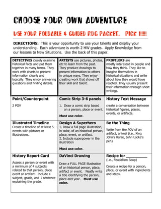 CHOOSE YOUR OWN ADVENTURE
USE YOUR FOLDABLE & GUIDED RDG PACKET. PICK 1!!!!!
DIRECTIONS: This is your opportunity to use your talents and display your
understanding. Each adventure is worth 2 HW grades. Apply Knowledge from
our lessons to New Situations. Use the back of this paper.

DETECTIVES closely examine        ARTISTS use pictures, photos,        PROFILERS are
historical facts and put them     etc to learn from the past.          mostly interested in people and
together in many forms. They      They produce drawings to             how they think. They like to
work with charts to present       present information to others        imagine themselves in
information clearly and           in unique ways. They enjoy           historical situations and write
logically. They enjoy answering   creating work that shows off         about how they would have
questions and finding details.    their skill and talent.              reacted. They usually present
                                                                       their information through short
                                                                       writings.

Point/Counterpoint                Comic Strip 3-6 panels               History Text Message
2 POV                             1. Draw a comic strip based     create a conversation between
                                     on a person, place or event. historical figures, places,
                                                                  events, or artifacts.
                                  Must use color.

Illustrated Timeline              Design A Superhero                   Be the Thing
Create a timeline of at least 5   1. Draw a full page illustration,
events with pictures or           in color, of an historical person,   Write from the POV of an
illustrations.                    place, event, or artifact.           artifact, animal (i.e., King
                                  2. Include superpower in the         John's Horse, John Locke's
                                  illustration                         pen)

                                  Must use color.

History Report Card               DaVinci Drawing                      Recipe for _________
                                                                       (i.e., Feudalism Soup)
Assess a person or event with     Draw a FULL PAGE illustration
a minimum of 4 subjects           of an historical person, place,      Create a recipe for a person,
related to that person, place     artifact or event. Neatly write      place, or event with ingredients
event or artifact. Include a      a title identifying the person,      and steps.
subject, grade, and 1 sentence    place and year. Must use
explaining the grade.             color.
 