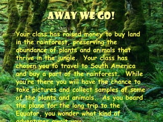 Away We Go! Your class has raised money to buy land in the rainforest, preserving the abundance of plants and animals that thrive in the jungle.  Your class has chosen you to travel to South America and buy a part of the rainforest.  While you’re there you will have the chance to take pictures and collect samples of some of the plants and animals.  As you board the plane for the long trip to the Equator, you wonder what kind of adventures await you.  