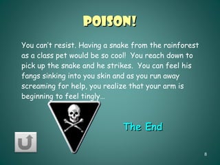 Poison! You can’t resist. Having a snake from the rainforest as a class pet would be so cool!  You reach down to pick up the snake and he strikes.  You can feel his fangs sinking into you skin and as you run away screaming for help, you realize that your arm is beginning to feel tingly… The End 
