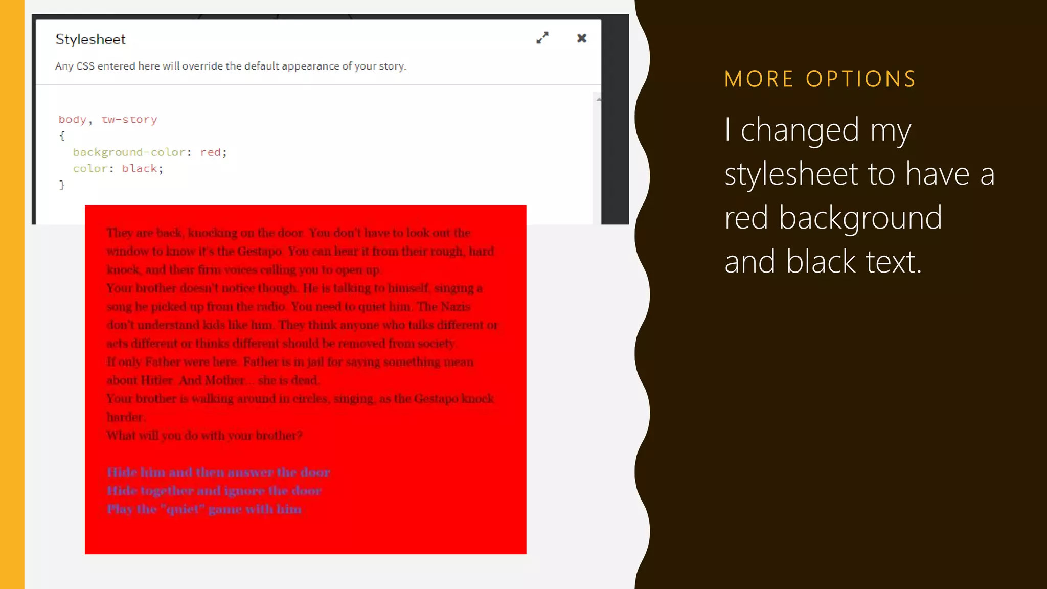 M O R E O P T I O N S
I changed my
stylesheet to have a
red background
and black text.
 
