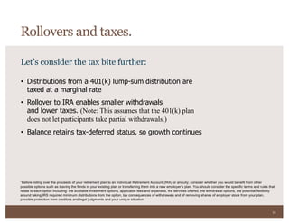 16
Let’s consider the tax bite further:
• Distributions from a 401(k) lump-sum distribution are
taxed at a marginal rate
• Rollover to IRA enables smaller withdrawals
and lower taxes. (Note: This assumes that the 401(k) plan
does not let participants take partial withdrawals.)
• Balance retains tax-deferred status, so growth continues
Rollovers and taxes.
*Before rolling over the proceeds of your retirement plan to an Individual Retirement Account (IRA) or annuity; consider whether you would benefit from other
possible options such as leaving the funds in your existing plan or transferring them into a new employer’s plan. You should consider the specific terms and rules that
relate to each option including: the available investment options, applicable fees and expenses, the services offered, the withdrawal options, the potential flexibility
around taking IRS required minimum distributions from the option, tax consequences of withdrawals and of removing shares of employer stock from your plan,
possible protection from creditors and legal judgments and your unique situation.
 