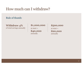 29
Rule of thumb:
$500,000
at start =
$20,000
annually
Withdraw 4%
of total savings annually
$1,000,000
at start =
$40,000
annually
How much can I withdraw?
 