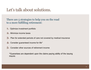32
There are 5 strategies to help you on the road
to a more fulfilling retirement:
Optimize investment portfolio
Minimize income taxes
Plan for extended periods of care not covered by medical insurance
Consider guaranteed income for life*
Consider other sources of retirement income
1.
2.
3.
4.
5.
Let’s talk about solutions.
*Guarantees are dependent upon the claims paying ability of the issuing
insurer.
 