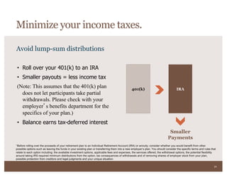 34
• Roll over your 401(k) to an IRA
• Smaller payouts = less income tax
(Note: This assumes that the 401(k) plan
does not let participants take partial
withdrawals. Please check with your
employer s benefits department for the
specifics of your plan.)
• Balance earns tax-deferred interest
401(k) IRA
Smaller
Payments
Avoid lump-sum distributions
Minimize your income taxes.
*Before rolling over the proceeds of your retirement plan to an Individual Retirement Account (IRA) or annuity; consider whether you would benefit from other
possible options such as leaving the funds in your existing plan or transferring them into a new employer’s plan. You should consider the specific terms and rules that
relate to each option including: the available investment options, applicable fees and expenses, the services offered, the withdrawal options, the potential flexibility
around taking IRS required minimum distributions from the option, tax consequences of withdrawals and of removing shares of employer stock from your plan,
possible protection from creditors and legal judgments and your unique situation.
 
