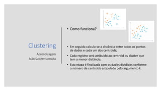 Clustering
Aprendizagem
Não Supervisionada
• Como funciona?
• Em seguida calcula-se a distância entre todos os pontos
de dados e cada um dos centroids;
• Cada registro será atribuído ao centroid ou cluster que
tem a menor distância;
• Esta etapa é finalizada com os dados divididos conforme
o número de centroids estipulado pelo argumento k.
 