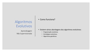 Algoritmos
Evolutivos
Aprendizagem
Não Supervisionada
• Como funciona?
• Existem várias abordagens dos algoritmos evolutivos:
• Programação evolutiva;
• Estratégias evolutivos;
• Algoritmos genéticos.
 