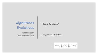 Algoritmos
Evolutivos
Aprendizagem
Não Supervisionada
• Como funciona?
• Programação Evolutiva.
 