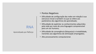RNA
Aprendizado por Reforço
• Pontos Negativos
• Dificuldade de configuração das redes em relação à sua
estrutura inicial e também no que se refere aos
parâmetros dos algoritmos de aprendizado;
• Dificuldade de explicitar os conhecimentos adquiridos
pela rede por meio de uma linguagem compreensível
para um ser humano;
• Dificuldade de convergência (bloqueios) e instabilidade,
inerentes aos algoritmos de otimização empregados;
• Alto processamento computacional.
 
