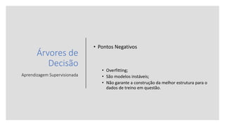 Árvores de
Decisão
Aprendizagem Supervisionada
• Pontos Negativos
• Overfitting;
• São modelos instáveis;
• Não garante a construção da melhor estrutura para o
dados de treino em questão.
 
