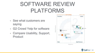 SOFTWARE REVIEW
PLATFORMS
20
• See what customers are
saying
• G2 Crowd Yelp for software
• Compare Usability, Support,
Product
 