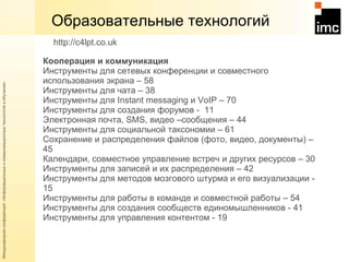 Образовательные технологий Кооперация и коммуникация  Инструменты для сетевых конференции и совместного использования экрана – 58  Инструменты для чата – 38 Инструменты для  Instant messaging  и  VoIP  – 70  Инструменты для создания форумов -  11 Электронная почта,  SMS , видео –сообщения – 44 Инструменты для социальной таксономии – 61  Сохранение и распределения файлов (фото, видео, документы) – 45  Календари, совместное управление встреч и других ресурсов – 30  Инструменты для записей и их распределения – 42  Инструменты для методов мозгового штурма и его визуализации - 15  Инструменты для работы в команде и совместной работы – 54  Инструменты для создания сообществ единомышленников - 41 Инструменты для управления контентом - 19 http://c4lpt.co.uk   