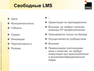 Свободные  LMS Цена Функциональность Гибкость Сервис Инновации Перспективность Резюме -  Ориентация на преподавателя Высокая, но требует наличие команды ИТ профессионалов Оказываются только на Западе Осуществляется сообществом Высокая Превосходное соотношение цена к качестве, но требует инвестиции при приспособлении и высококвалифицированные кадры 