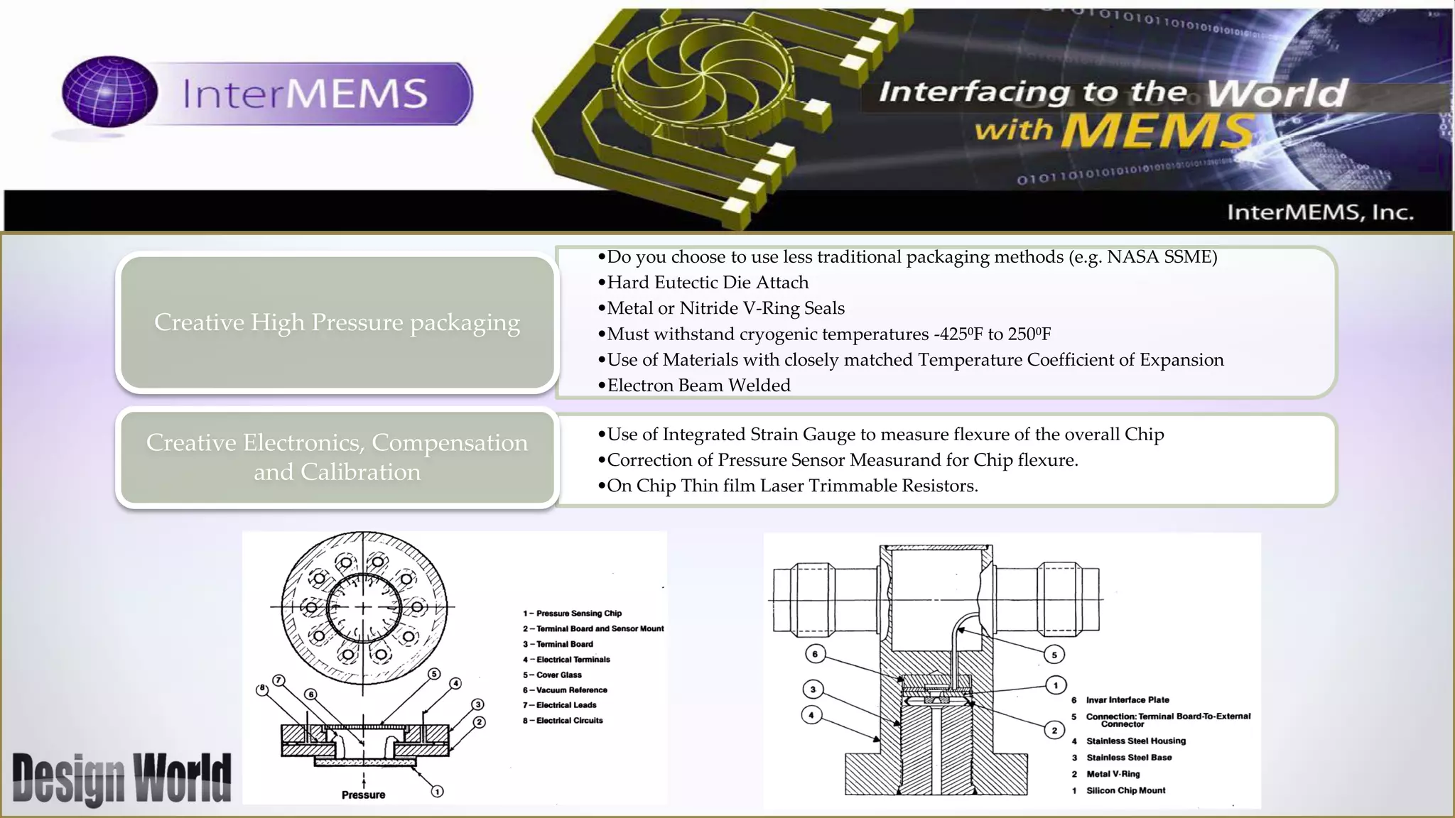 Creative High Pressure packaging

Creative Electronics, Compensation
and Calibration

•Do you choose to use less traditional packaging methods (e.g. NASA SSME)
•Hard Eutectic Die Attach
•Metal or Nitride V-Ring Seals
•Must withstand cryogenic temperatures -425⁰F to 250⁰F
•Use of Materials with closely matched Temperature Coefficient of Expansion
•Electron Beam Welded
•Use of Integrated Strain Gauge to measure flexure of the overall Chip
•Correction of Pressure Sensor Measurand for Chip flexure.
•On Chip Thin film Laser Trimmable Resistors.

 