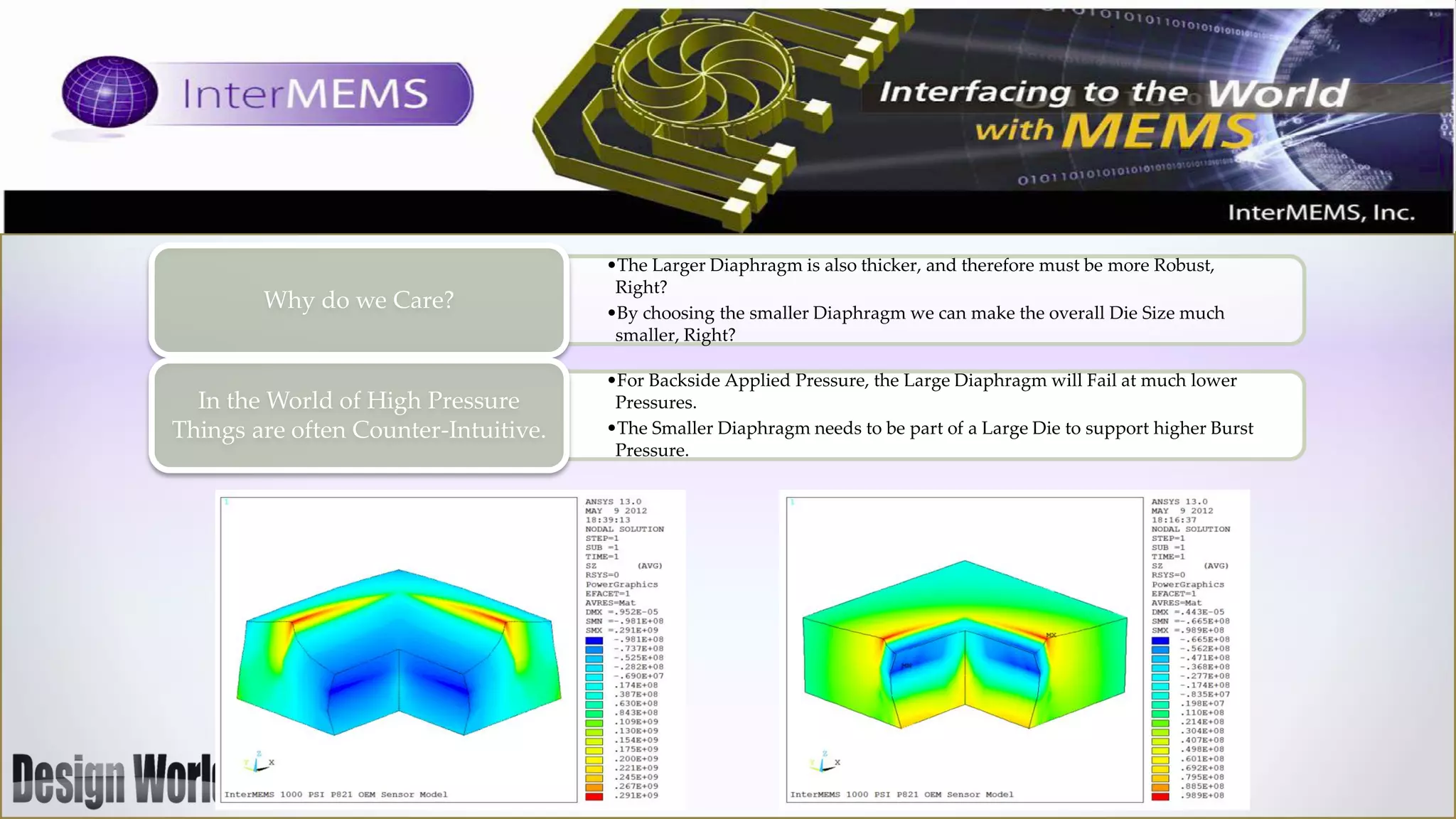 Why do we Care?

In the World of High Pressure
Things are often Counter-Intuitive.

•The Larger Diaphragm is also thicker, and therefore must be more Robust,
Right?
•By choosing the smaller Diaphragm we can make the overall Die Size much
smaller, Right?
•For Backside Applied Pressure, the Large Diaphragm will Fail at much lower
Pressures.
•The Smaller Diaphragm needs to be part of a Large Die to support higher Burst
Pressure.

 