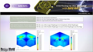 Two Different Design Realizations
for a 1000 PSI Pressure Sensor
(A Case Study)
The ideal location “Sweet Spot” for
the Piezoresistors is Very Different

•Both have the same Die Size and Thickness
•Both have the Same Diaphragm Edge Length to Thickness Aspect Ratio
•Both have Approximately the same Pressure Sensitivity.

•In the case of the Larger Diaphragm it is Completely off the Diaphragm.
•In the case of the Smaller Diaphragm it is just on the Diaphragm near the Edge.

 