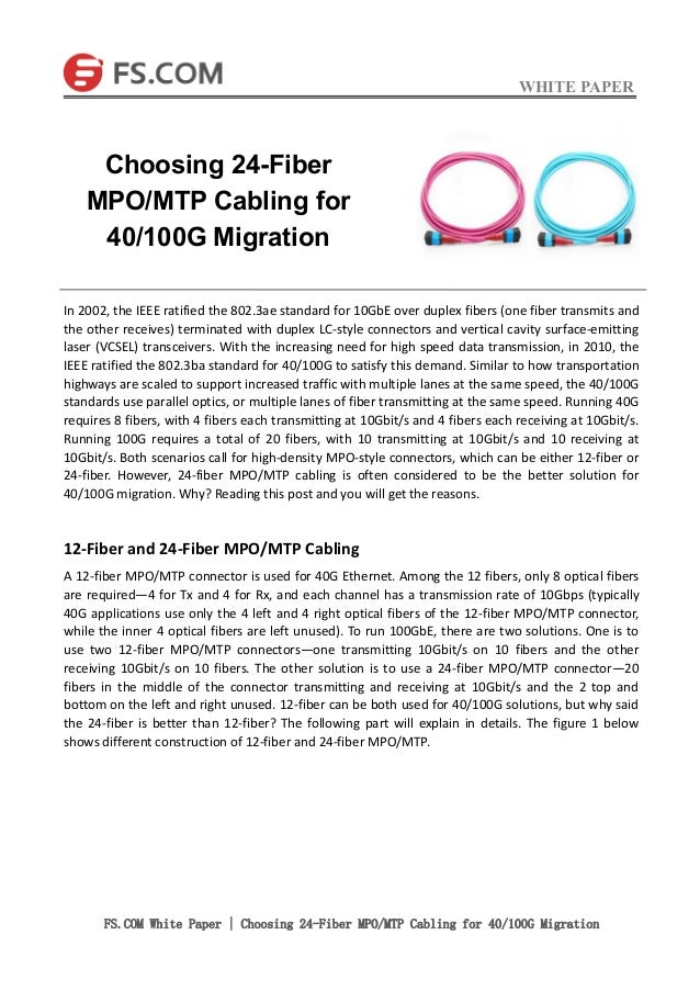 WHITE PAPER
FS.COM White Paper | Choosing 24-Fiber MPO/MTP Cabling for 40/100G Migration
In 2002, the IEEE ratified the 80...
