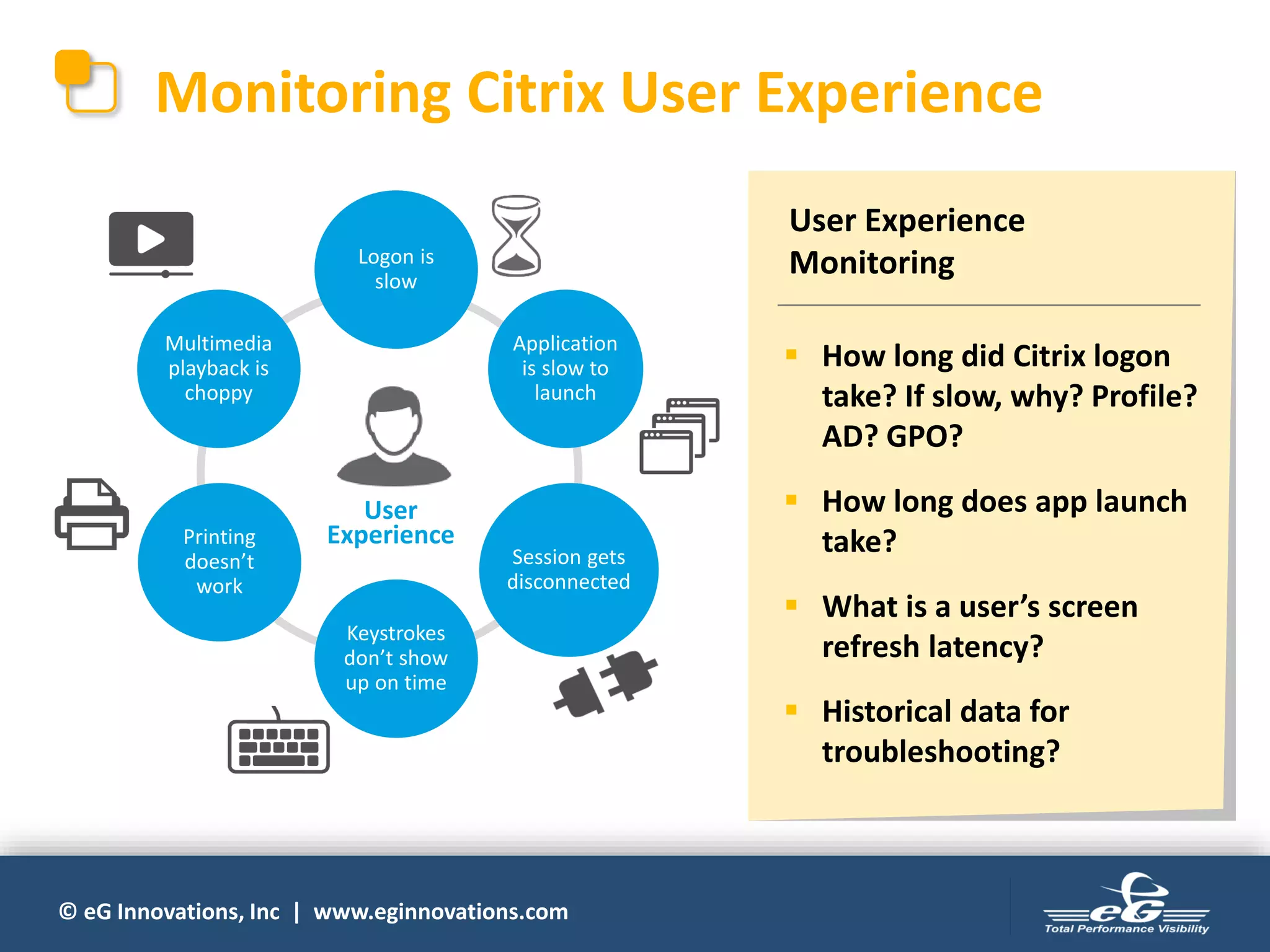 © eG Innovations, Inc | www.eginnovations.com
Logon is
slow
Application
is slow to
launch
Session gets
disconnected
Keystrokes
don’t show
up on time
Multimedia
playback is
choppy
User
ExperiencePrinting
doesn’t
work
Monitoring Citrix User Experience
User Experience
Monitoring
▪ How long did Citrix logon
take? If slow, why? Profile?
AD? GPO?
▪ How long does app launch
take?
▪ What is a user’s screen
refresh latency?
▪ Historical data for
troubleshooting?
 