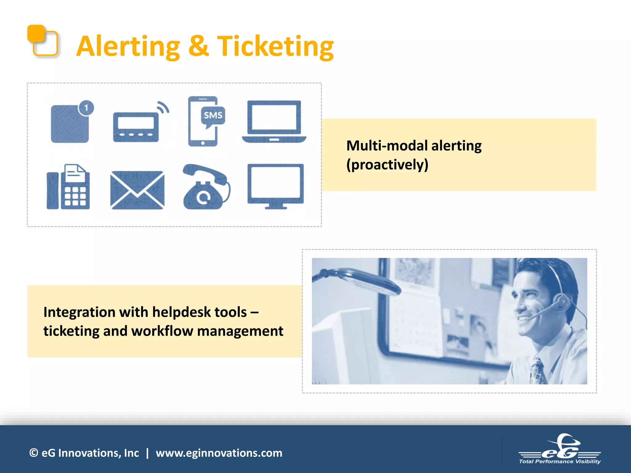 © eG Innovations, Inc | www.eginnovations.com
Alerting & Ticketing
Multi-modal alerting
(proactively)
Integration with helpdesk tools –
ticketing and workflow management
 