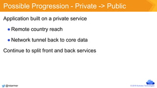 © 2016 Kumulus Technologies
Possible Progression - Private -> Public
Application built on a private service
●Remote country reach
●Network tunnel back to core data
Continue to split front and back services
@rstarmer
 