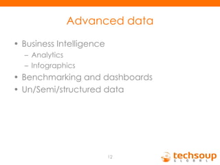 Advanced data Business Intelligence Analytics  Infographics Benchmarking and dashboards Un/Semi/structured data 