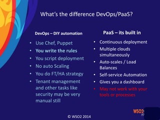 © WSO2 2014
What’s the difference DevOps/PaaS?
DevOps – DIY automation
• Use Chef, Puppet
• You write the rules
• You script deployment
• No auto Scaling
• You do FT/HA strategy
• Tenant management
and other tasks like
security may be very
manual still
PaaS – its built in
• Continuous deployment
• Multiple clouds
simultaneously
• Auto-scales / Load
Balances
• Self-service Automation
• Gives you a dashboard
• May not work with your
tools or processes
 