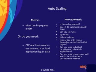 © WSO2 2014
Auto Scaling
Metrics
– Most use http queue
length
Or do you need:
– CEP real time events –
use any metric or load,
application log or data
How Automatic
• Is the scaling manual?
• Does it do automatic up AND
down
• Can you set rules
• by tenant
• different clouds
• time of day or by region
depending on the load in that
region?
• Can you scale individual
cartridges or only whole
applications?
• Can you scale resources as well
as CPU, i.e. # of nodes in
cassandra for instance
 