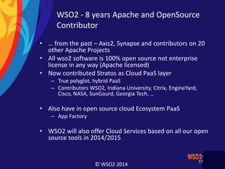 © WSO2 2014
WSO2 - 8 years Apache and OpenSource
Contributor
• … from the past – Axis2, Synapse and contributors on 20
other Apache Projects
• All wso2 software is 100% open source not enterprise
license in any way (Apache licensed)
• Now contributed Stratos as Cloud PaaS layer
– True polyglot, hybrid PaaS
– Contributors WSO2, Indiana University, Citrix, EngineYard,
Cisco, NASA, SunGaurd, Georgia Tech, …
• Also have in open source cloud Ecosystem PaaS
– App Factory
• WSO2 will also offer Cloud Services based on all our open
source tools in 2014/2015
 