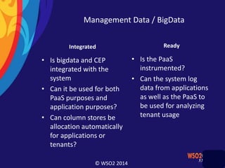 © WSO2 2014
Management Data / BigData
Integrated
• Is bigdata and CEP
integrated with the
system
• Can it be used for both
PaaS purposes and
application purposes?
• Can column stores be
allocation automatically
for applications or
tenants?
Ready
• Is the PaaS
instrumented?
• Can the system log
data from applications
as well as the PaaS to
be used for analyzing
tenant usage
 