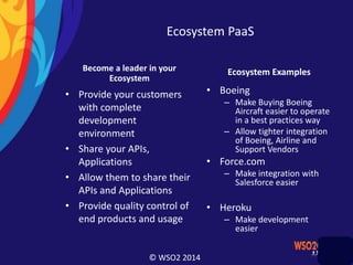 © WSO2 2014
Ecosystem PaaS
Become a leader in your
Ecosystem
• Provide your customers
with complete
development
environment
• Share your APIs,
Applications
• Allow them to share their
APIs and Applications
• Provide quality control of
end products and usage
Ecosystem Examples
• Boeing
– Make Buying Boeing
Aircraft easier to operate
in a best practices way
– Allow tighter integration
of Boeing, Airline and
Support Vendors
• Force.com
– Make integration with
Salesforce easier
• Heroku
– Make development
easier
 