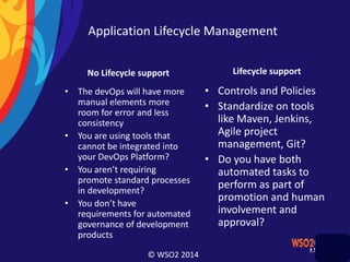 © WSO2 2014
Application Lifecycle Management
No Lifecycle support
• The devOps will have more
manual elements more
room for error and less
consistency
• You are using tools that
cannot be integrated into
your DevOps Platform?
• You aren’t requiring
promote standard processes
in development?
• You don’t have
requirements for automated
governance of development
products
Lifecycle support
• Controls and Policies
• Standardize on tools
like Maven, Jenkins,
Agile project
management, Git?
• Do you have both
automated tasks to
perform as part of
promotion and human
involvement and
approval?
 