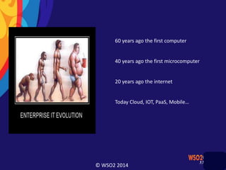 © WSO2 2014
60 years ago the first computer
40 years ago the first microcomputer
20 years ago the internet
Today Cloud, IOT, PaaS, Mobile…
 