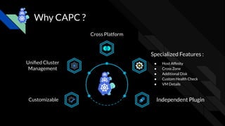 Specialized Features :
● Host Afﬁnity
● Cross Zone
● Additional Disk
● Custom Health Check
● VM Details
Why CAPC ?
Cross Platform
Uniﬁed Cluster
Management
Customizable Independent Plugin
 