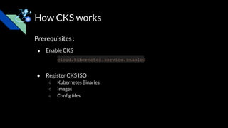 How CKS works
Prerequisites :
● Enable CKS
cloud.kubernetes.service.enabled
● Register CKS ISO
○ Kubernetes Binaries
○ Images
○ Conﬁg ﬁles
 