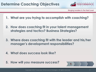 Determine Coaching Objectives

1. What are you trying to accomplish with coaching?
2. How does coaching fit in your talent management
strategies and tactics? Business Strategies?
3. Where does coaching fit with the leader and his/her
manager’s development responsibilities?
4. What does success look like?

5. How will you measure success?

1

Copyright 2013 Corporate Performance Strategies. All rights reserved.

5

 