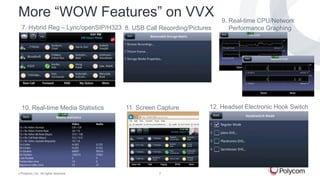 © Polycom, Inc. All rights reserved. 7
Example of Features on VVX
Exchange Calendaring
Group Paging & Push to Talk
Lync Contact Card
UCS 5.1.1 feature
Extended Presence
UCS 5.1.1 feature
Real-time Media StatisticsVideo Support (Lync/SIP/H323)
 