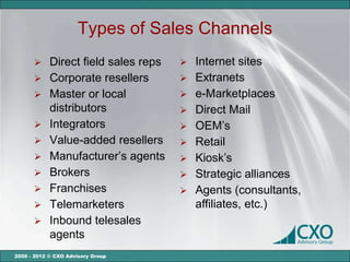Types of Sales Channels
           Direct field sales reps    Internet sites
           Corporate resellers        Ext...