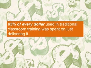 85% of every dollar used in traditional
classroom training was spent on just
delivering it.
 