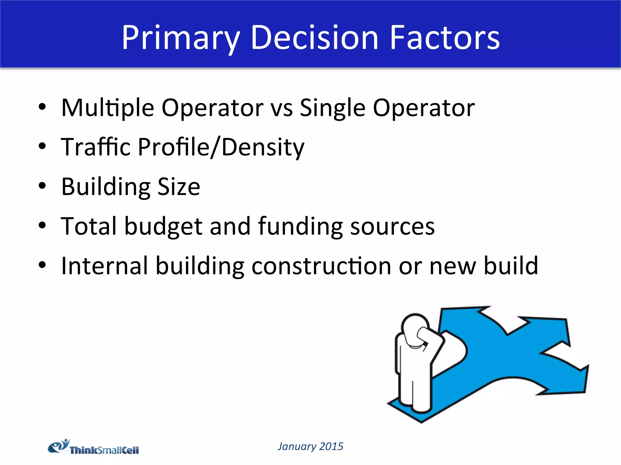 January	
  2015	
  
Primary	
  Decision	
  Factors	
  
•  Mul@ple	
  Operator	
  vs	
  Single	
  Operator	
  
•  Traﬃc	
  Proﬁle/Density	
  
•  Building	
  Size	
  
•  Total	
  budget	
  and	
  funding	
  sources	
  
•  Internal	
  building	
  construc@on	
  or	
  new	
  build	
  
 