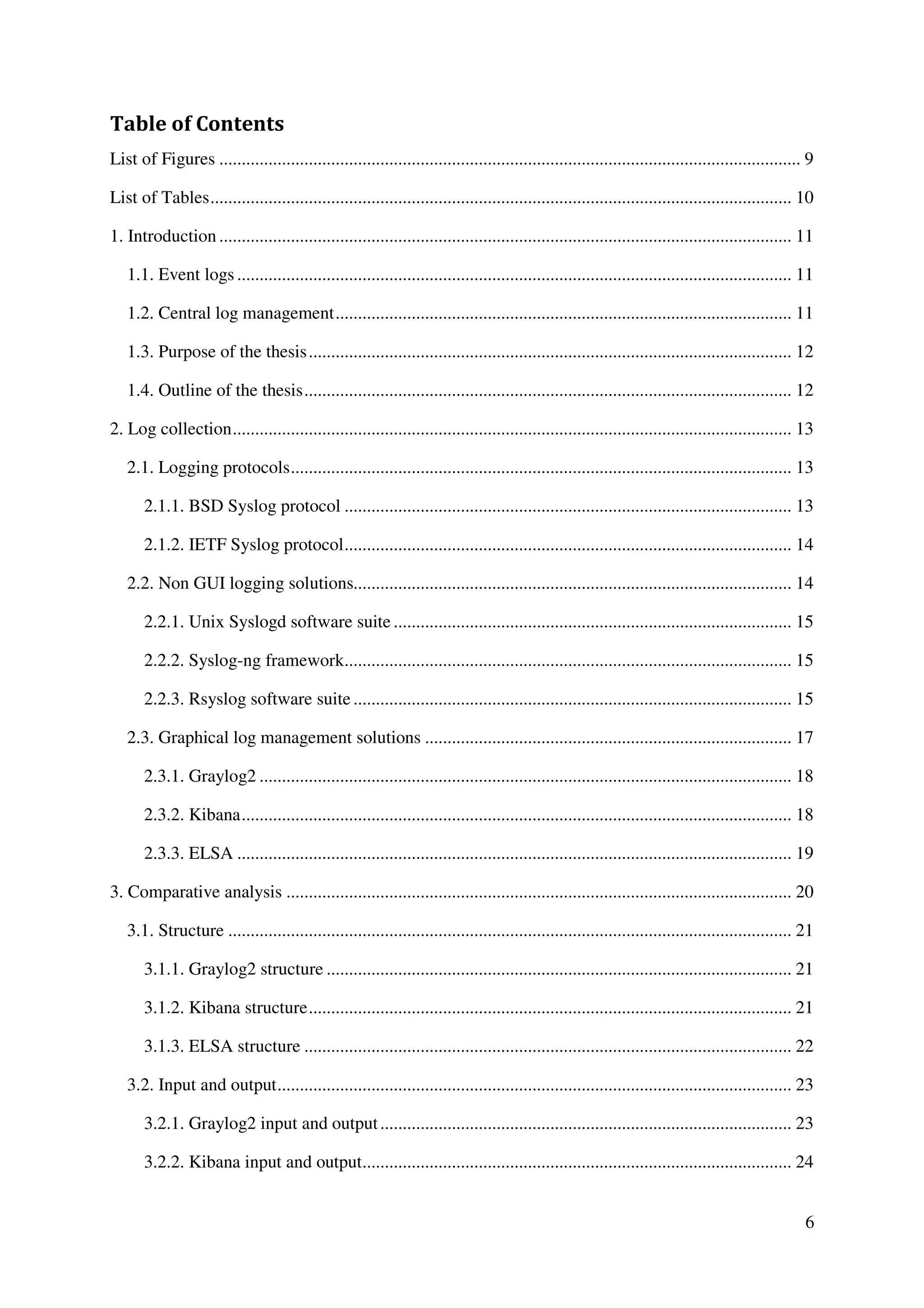 6
Table of Contents
List of Figures .................................................................................................................................. 9
List of Tables.................................................................................................................................. 10
1. Introduction ................................................................................................................................ 11
1.1. Event logs ............................................................................................................................ 11
1.2. Central log management...................................................................................................... 11
1.3. Purpose of the thesis............................................................................................................ 12
1.4. Outline of the thesis............................................................................................................. 12
2. Log collection............................................................................................................................. 13
2.1. Logging protocols................................................................................................................ 13
2.1.1. BSD Syslog protocol .................................................................................................... 13
2.1.2. IETF Syslog protocol.................................................................................................... 14
2.2. Non GUI logging solutions.................................................................................................. 14
2.2.1. Unix Syslogd software suite ......................................................................................... 15
2.2.2. Syslog-ng framework.................................................................................................... 15
2.2.3. Rsyslog software suite .................................................................................................. 15
2.3. Graphical log management solutions .................................................................................. 17
2.3.1. Graylog2 ....................................................................................................................... 18
2.3.2. Kibana........................................................................................................................... 18
2.3.3. ELSA ............................................................................................................................ 19
3. Comparative analysis ................................................................................................................. 20
3.1. Structure .............................................................................................................................. 21
3.1.1. Graylog2 structure ........................................................................................................ 21
3.1.2. Kibana structure............................................................................................................ 21
3.1.3. ELSA structure ............................................................................................................. 22
3.2. Input and output................................................................................................................... 23
3.2.1. Graylog2 input and output............................................................................................ 23
3.2.2. Kibana input and output................................................................................................ 24
 