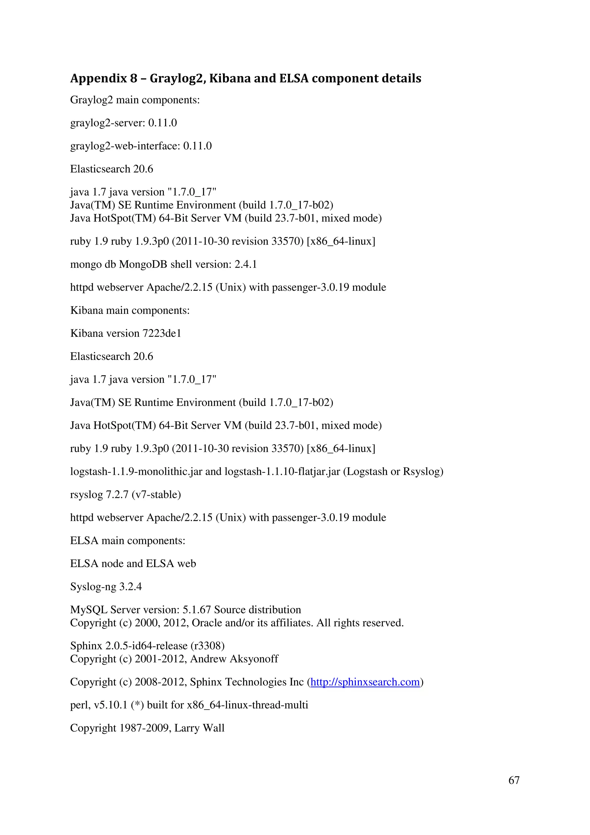 67
Appendix 8 – Graylog2, Kibana and ELSA component details
Graylog2 main components:
graylog2-server: 0.11.0
graylog2-web-interface: 0.11.0
Elasticsearch 20.6
java 1.7 java version "1.7.0_17"
Java(TM) SE Runtime Environment (build 1.7.0_17-b02)
Java HotSpot(TM) 64-Bit Server VM (build 23.7-b01, mixed mode)
ruby 1.9 ruby 1.9.3p0 (2011-10-30 revision 33570) [x86_64-linux]
mongo db MongoDB shell version: 2.4.1
httpd webserver Apache/2.2.15 (Unix) with passenger-3.0.19 module
Kibana main components:
Kibana version 7223de1
Elasticsearch 20.6
java 1.7 java version "1.7.0_17"
Java(TM) SE Runtime Environment (build 1.7.0_17-b02)
Java HotSpot(TM) 64-Bit Server VM (build 23.7-b01, mixed mode)
ruby 1.9 ruby 1.9.3p0 (2011-10-30 revision 33570) [x86_64-linux]
logstash-1.1.9-monolithic.jar and logstash-1.1.10-flatjar.jar (Logstash or Rsyslog)
rsyslog 7.2.7 (v7-stable)
httpd webserver Apache/2.2.15 (Unix) with passenger-3.0.19 module
ELSA main components:
ELSA node and ELSA web
Syslog-ng 3.2.4
MySQL Server version: 5.1.67 Source distribution
Copyright (c) 2000, 2012, Oracle and/or its affiliates. All rights reserved.
Sphinx 2.0.5-id64-release (r3308)
Copyright (c) 2001-2012, Andrew Aksyonoff
Copyright (c) 2008-2012, Sphinx Technologies Inc (http://sphinxsearch.com)
perl, v5.10.1 (*) built for x86_64-linux-thread-multi
Copyright 1987-2009, Larry Wall
 