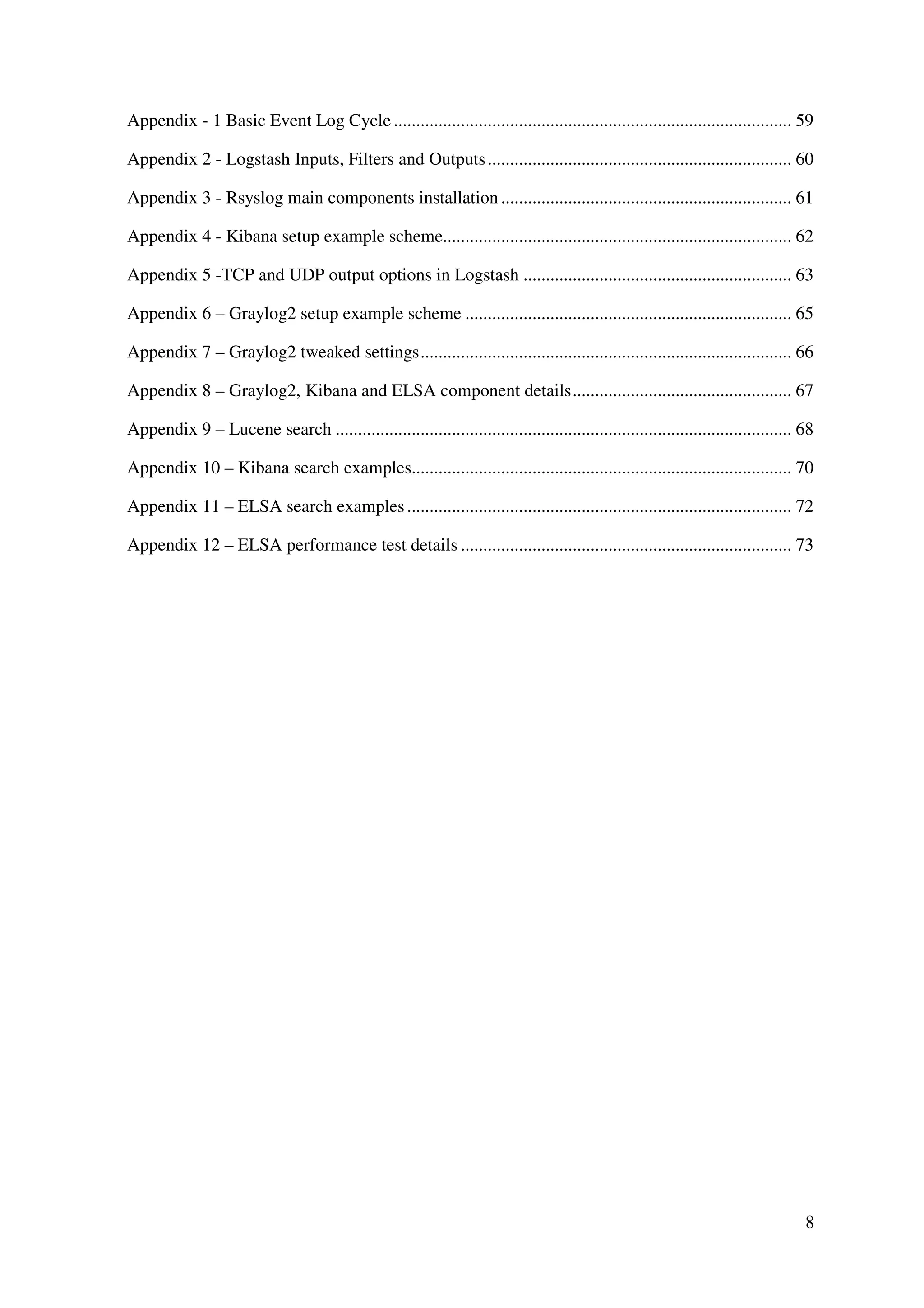 8
Appendix - 1 Basic Event Log Cycle ......................................................................................... 59
Appendix 2 - Logstash Inputs, Filters and Outputs.................................................................... 60
Appendix 3 - Rsyslog main components installation................................................................. 61
Appendix 4 - Kibana setup example scheme.............................................................................. 62
Appendix 5 -TCP and UDP output options in Logstash ............................................................ 63
Appendix 6 – Graylog2 setup example scheme ......................................................................... 65
Appendix 7 – Graylog2 tweaked settings................................................................................... 66
Appendix 8 – Graylog2, Kibana and ELSA component details................................................. 67
Appendix 9 – Lucene search ...................................................................................................... 68
Appendix 10 – Kibana search examples..................................................................................... 70
Appendix 11 – ELSA search examples...................................................................................... 72
Appendix 12 – ELSA performance test details .......................................................................... 73
 