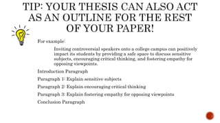 For example:
Inviting controversial speakers onto a college campus can positively
impact its students by providing a safe space to discuss sensitive
subjects, encouraging critical thinking, and fostering empathy for
opposing viewpoints.
Introduction Paragraph
Paragraph 1: Explain sensitive subjects
Paragraph 2: Explain encouraging critical thinking
Paragraph 3: Explain fostering empathy for opposing viewpoints
Conclusion Paragraph
 