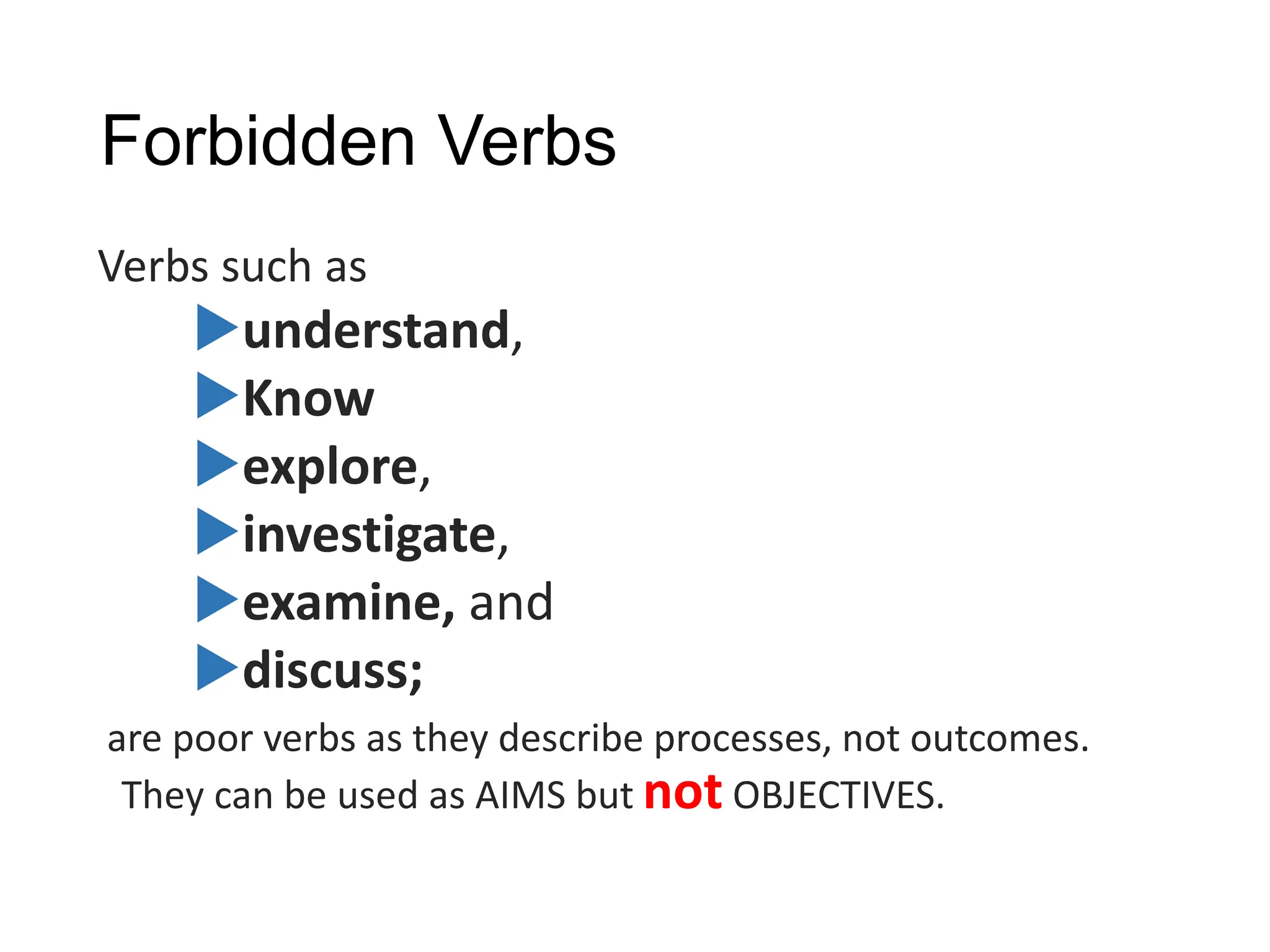 Forbidden Verbs
Verbs such as
understand,
Know
explore,
investigate,
examine, and
discuss;
are poor verbs as they describe processes, not outcomes.
They can be used as AIMS but not OBJECTIVES.
 