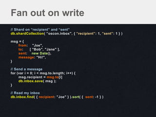 // Shard on “recipient” and “sent”
db.shardCollection( ”oscon.inbox", { ”recipient”: 1, ”sent”: 1 } )
msg = {
from: "Joe",
to: [ "Bob", "Jane" ],
sent: new Date(),
message: "Hi!",
}
// Send a message
for (var i = 0; i < msg.to.length; i++) {
msg.recipient = msg.to[i]
db.inbox.save( msg );
}
// Read my inbox
db.inbox.find( { recipient: "Joe" } ).sort( { sent: -1 } )
Fan out on write
 