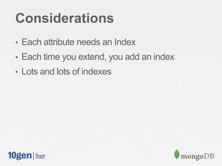 Considerations
• Each attribute needs an Index
• Each time you extend, you add an index
• Lots and lots of indexes
 