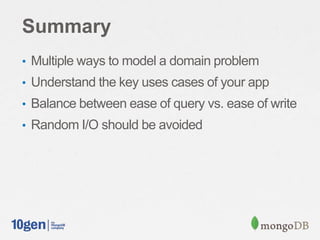 Summary
• Multiple ways to model a domain problem
• Understand the key uses cases of your app
• Balance between ease of query vs. ease of write
• Random I/O should be avoided
 